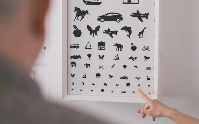 Person peger på synstavle. Der anes en person der kigger på