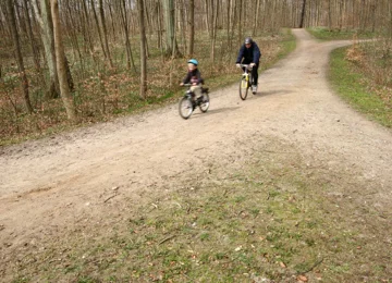 Far og søn cykler i skoven.