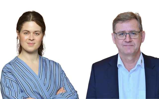 tv: Formand for FYAM, Malene Nepper, med opsat hård og blå skjorte med striber. th: Formand for PLO, Jørgen Skadborg, i jakkesæt og med briller